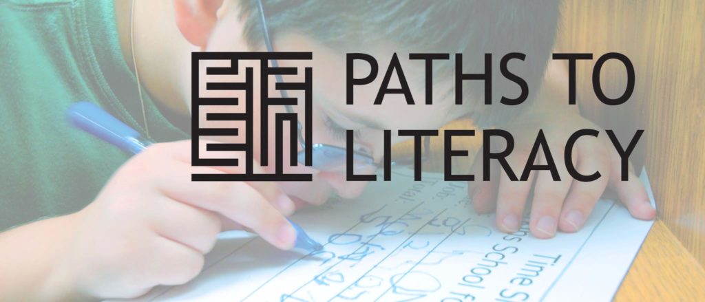 Photo of a student writing on paper. Text overlay says Paths to Literacy.